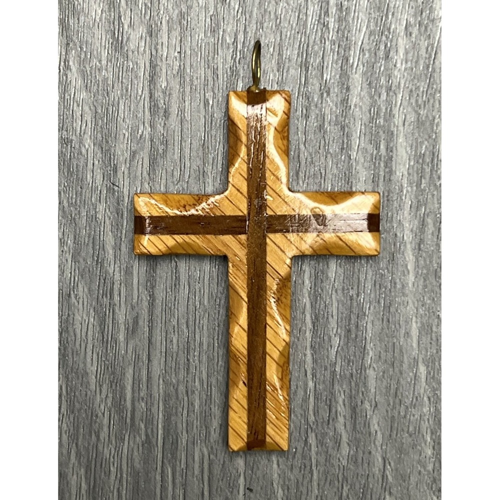 Unique Striped Wood Cross Pendant Necklace Charm Christian Religious